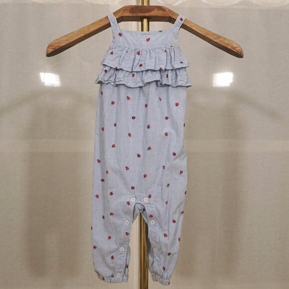 H&M Blue White Stripe Ladybug Sleeveless Baby Girl Romper - Picture 2 of 7